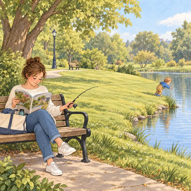 A mother on a park bench reads a magazine while holding a fishing rod. Its nearly invisible line runs across the grass to a toddler at the edge of a pond.