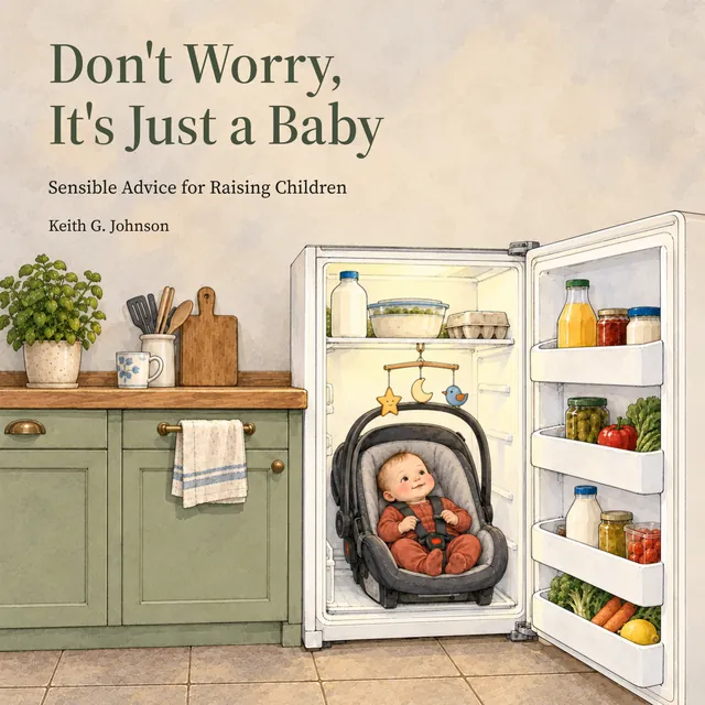 Front cover of the book, by Keith G. Johnson. A smiling baby sits in a car seat on the bottom shelf of an open refrigerator, under a hanging mobile.